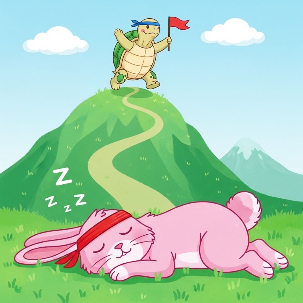 se observa a una libre de color rosa, con una cinta de deposrtista en la cabeza de color rojo, acostada en el pasto verde, sobre ella tres letras Z que indican que está durmiendo. Al fondo, en una montaña de color verde, está la tortuga con su cuerpo color piel, su caparazon verde y una cinta de deportista azul en su cabeza, parada en dos patas y en una mano sosteniendo una bandera que indica que llegó a la meta. En el mundo de los animales vivía una liebre muy orgullosa y vanidosa, que no cesaba de pregonar que ella era la más veloz y se burlaba de ello ante la lentitud de la tortuga.