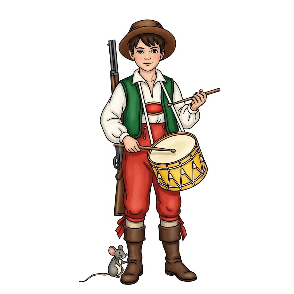 se ve a un niño con camiseta de manga larga, de color blanco, tiene un chaleco de color verde, un pantalón de color rojo y botas de color café. Al lado de uno de sus pies hay un ratón. Tiene colgado del cuello un tambor de color blanco con amarillo, en una mano tiene un fusil (arma que usan los militares) y en la otra mano una baqueta o palito para tocar el tambor.