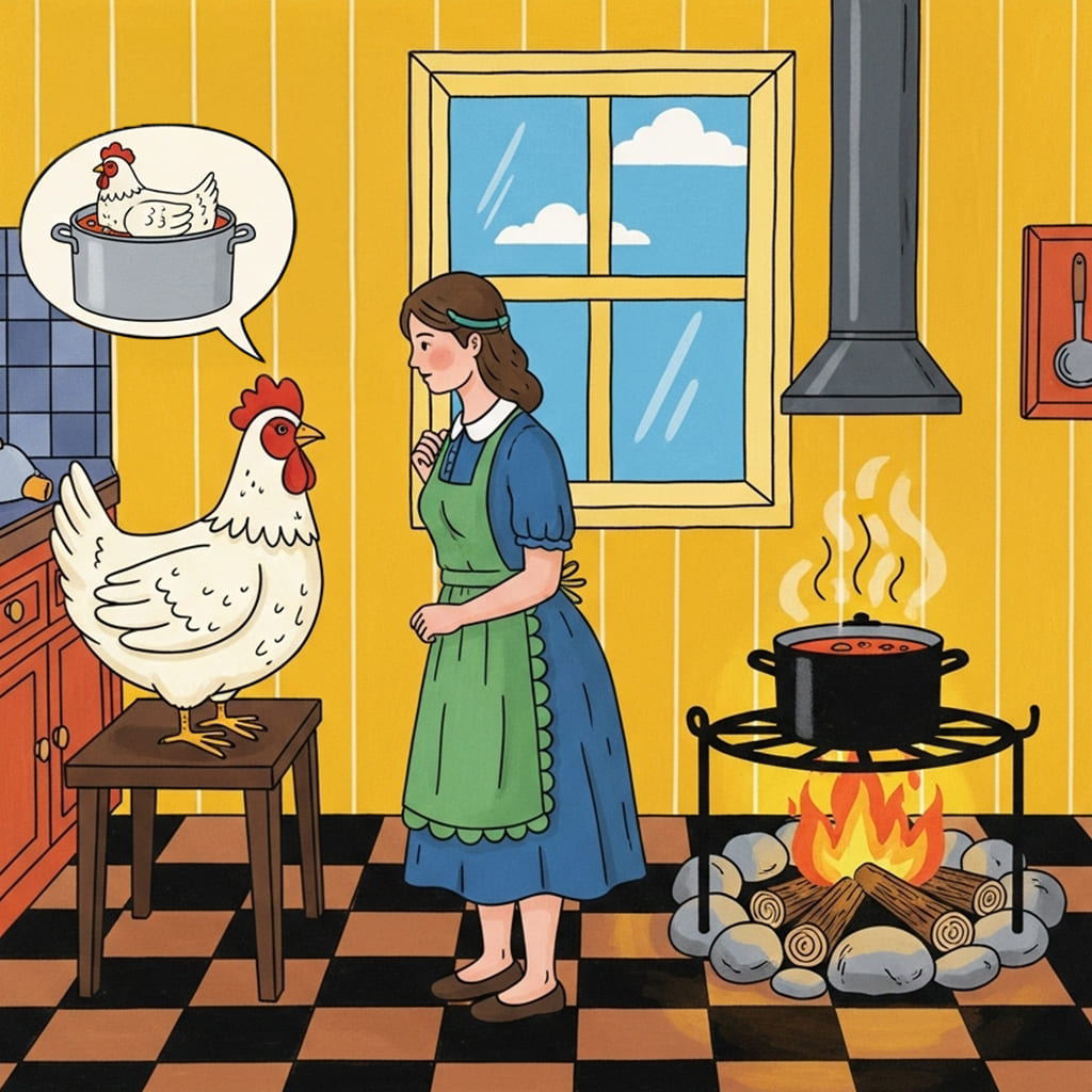 se muestra una cocina, con paredes de color amarillo y una ventana, allí están el pollo y una señora con vestido azul y delantal verde, encima de la cabeza del pollo hay un globo de diálogo, porque el pollo le habla a la señoramientras la señora lo mira. Al lado de la señora, hay unos troncos de madera y encima de ellos una olla con sopa caliente. El piso es de cuadros en colores negro y café.