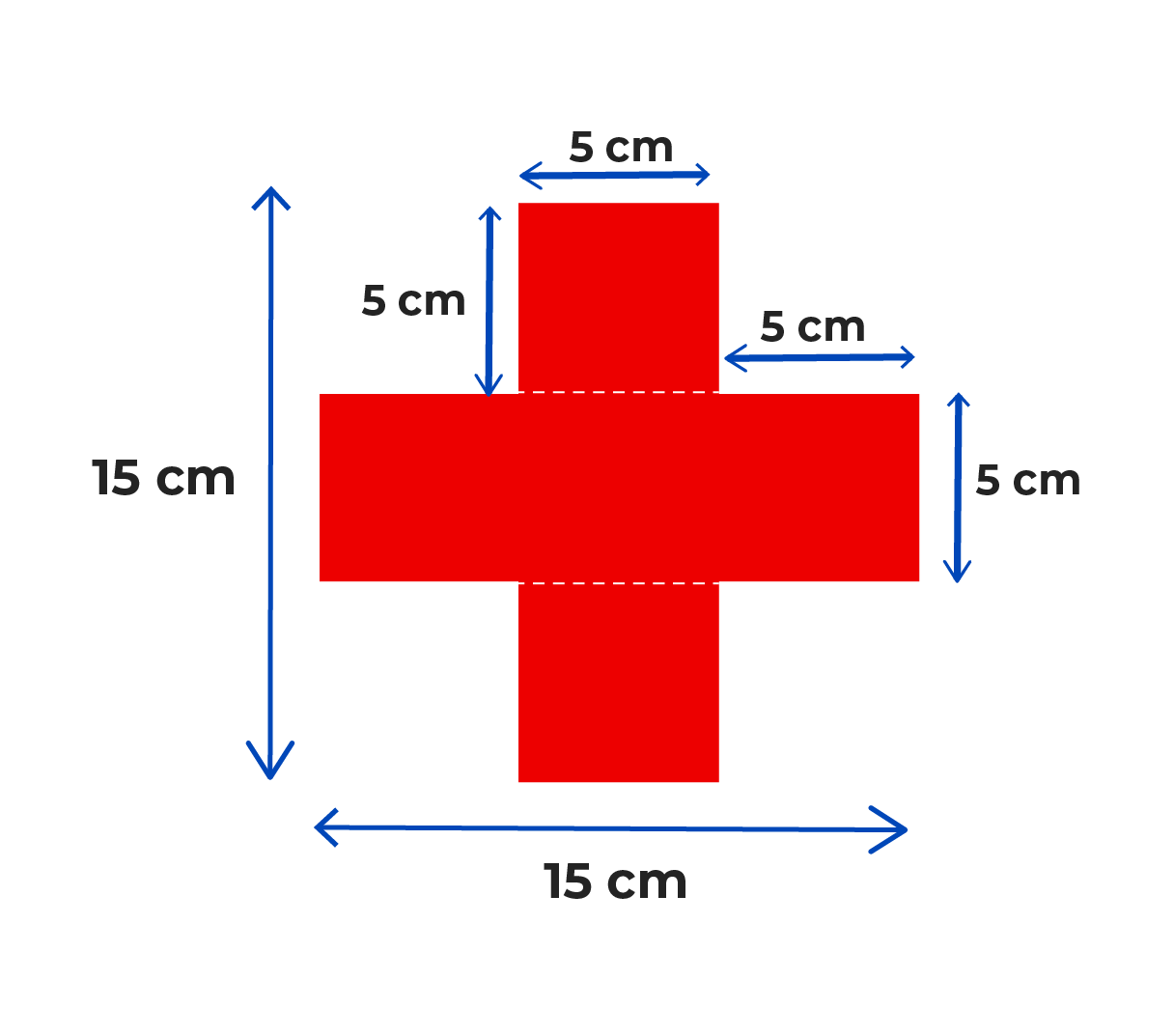 La imagen presenta una cruz de color rojo formada por un cuadrado de lado 15 centímetros, al que se le han recortado desde cada esquina, cuatro cuadrados de 5 centímetros de lado.