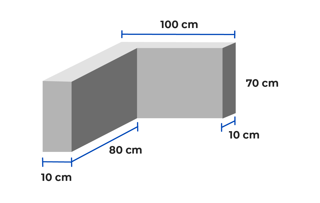  Esta imagen muestra una figura geométrica tridimensional (con volumen) que tiene forma de "L" o de "esquina" cuando se mira desde arriba. Imagina que es un bloque sólido que hace una esquina. La figura tiene varias medidas indicadas en centímetros (cm): Altura: La altura total de la figura es de 70 cm (centímetros).  Grosor o Profundidad: La figura es uniforme en grosor. El grosor en el extremo izquierdo es de 10 cm. El grosor en el extremo derecho también es de 10 cm. Lados Largos: El lado largo horizontal (la parte de arriba del brazo más largo de la "L") mide 100 cm (un metro). El lado largo vertical (la parte de abajo del brazo más corto de la "L") mide 80 cm. En resumen, es un bloque o una pared que forma una esquina, con una altura de 70 cm y un grosor de 10 cm, donde uno de sus lados principales mide 100 cm y el otro mide 80 cm.