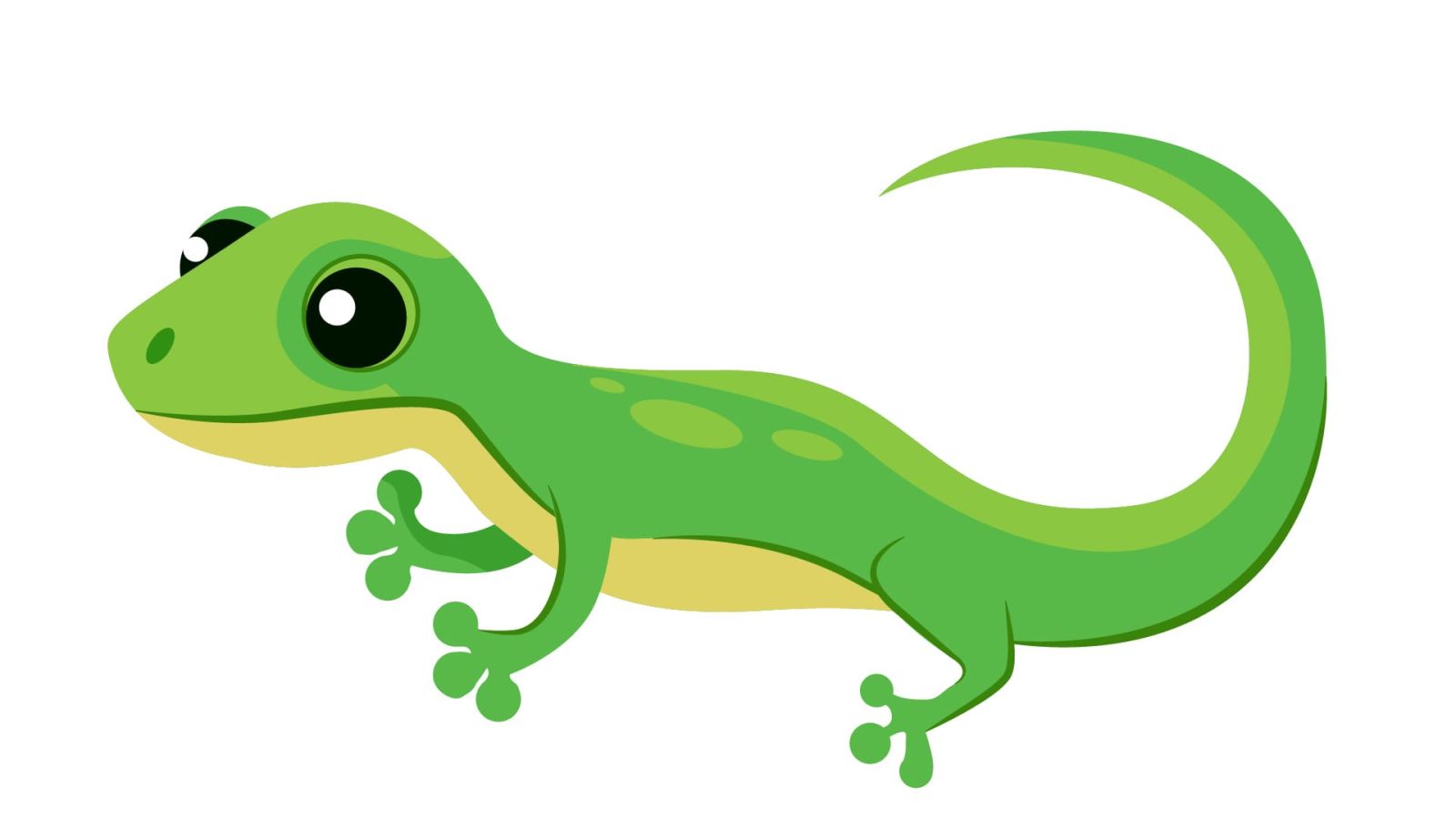 La imagen muestra una lagartija verde con vientre amarillo, ojos grandes y patas con almohadillas adhesivas. Su cuerpo tiene marcas ovaladas y su cola es larga y curva. El estilo es caricaturesco y colorido.