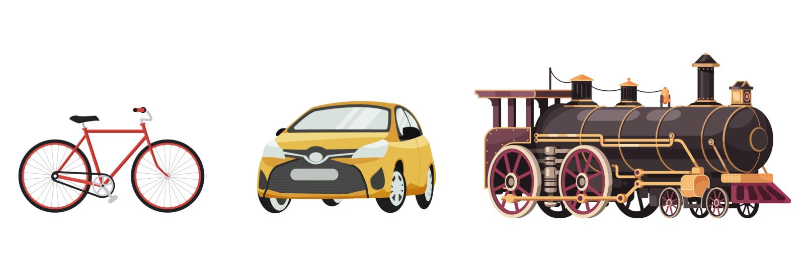 Imagen con tres vehículos. Una bicicleta roja con dos ruedas. Un carro rojo con cuatro ruedas. Un tren marrón con ocho ruedas.