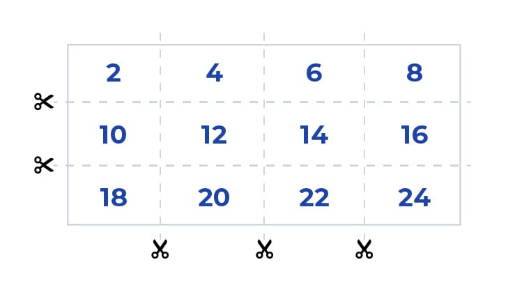 Imagen de una tabla de cartón con los números pares del 2 al 24, divididos en 12 tarjetas recortables.