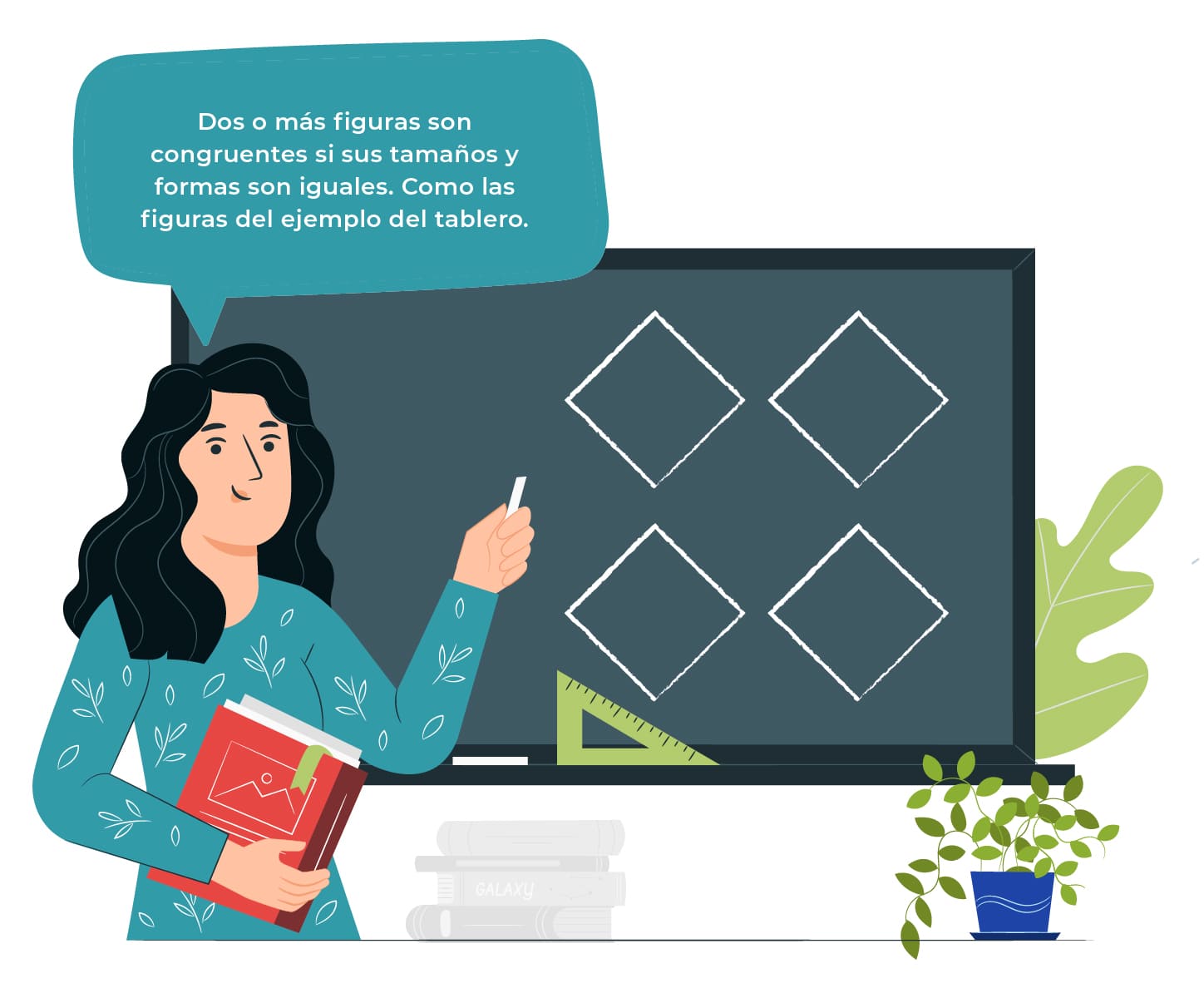 Imagen de una profesora explicando sobre la congruencia de figuras geométricas en un tablero con cuatro rombos.
